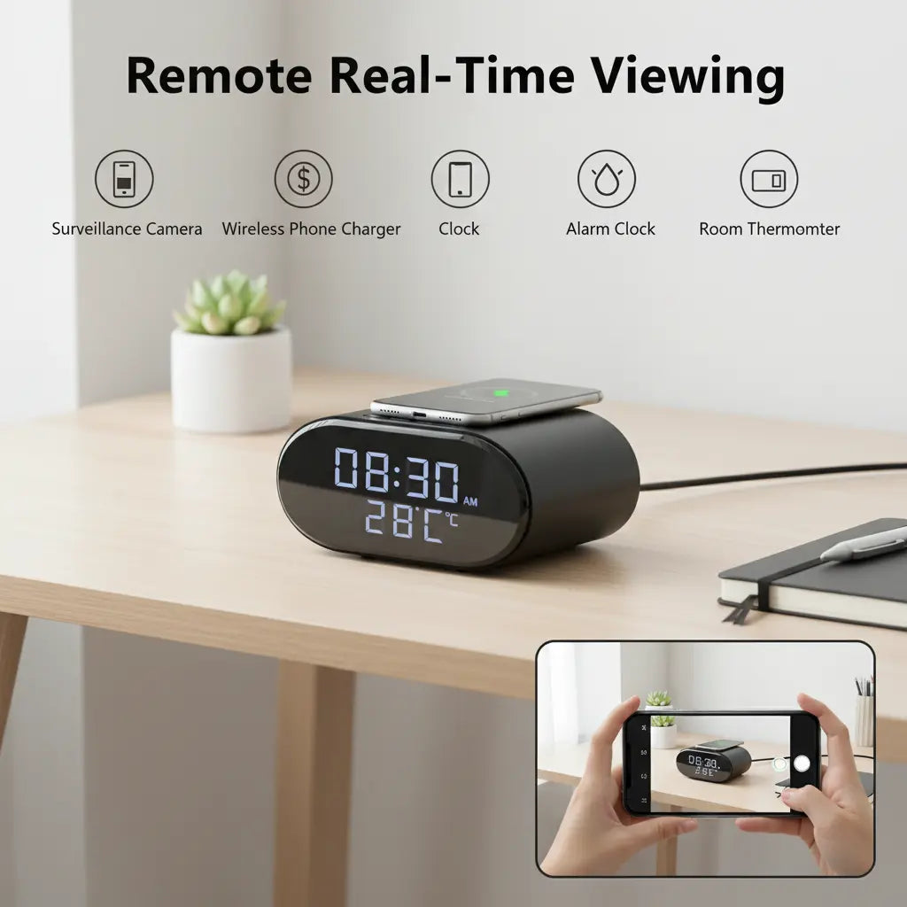 5-in-1 Mini WiFi Camera with Wireless Charger 4K UHD Smart Alarm Clock Cameras with 32GB SD Card Temperature Display Camcorders